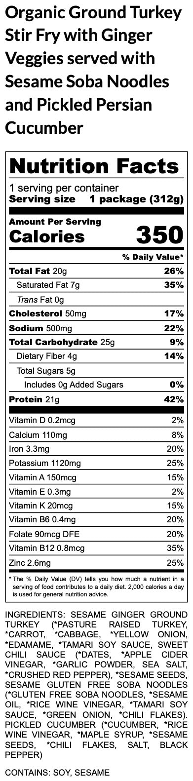 Organic Ground Turkey Stir Fry with Ginger Veggies served with Gluten Free Sesame Soba Noodles and Pickled Persian Cucumber