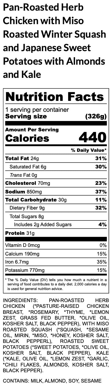 Pan-Roasted Herb Chicken with Miso Roasted Winter Squash and Japanese Sweet Potatoes with Almonds and Kale